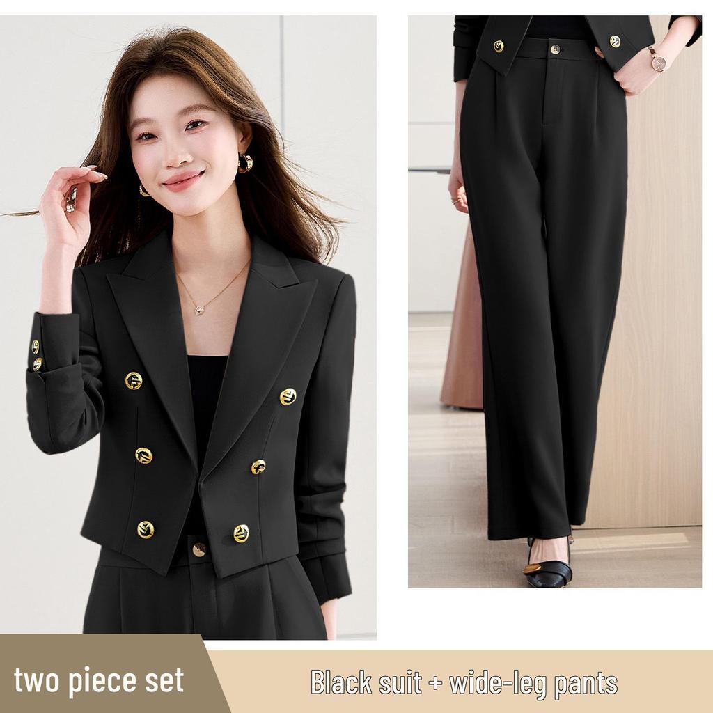 Women's Petite Slim Fit Color Block Suit Set - Light Luxury Style, Flattering Double-Breasted Short Blazer, Professional Wear.