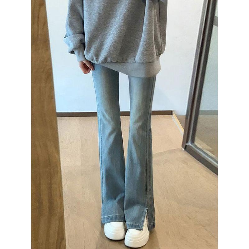 Dark Blue Slit-Flare Jeans for Women, New Spring Style for Plus-Size Girls, Pear-Shaped Body, High-Waisted, Slimming Flared Pants