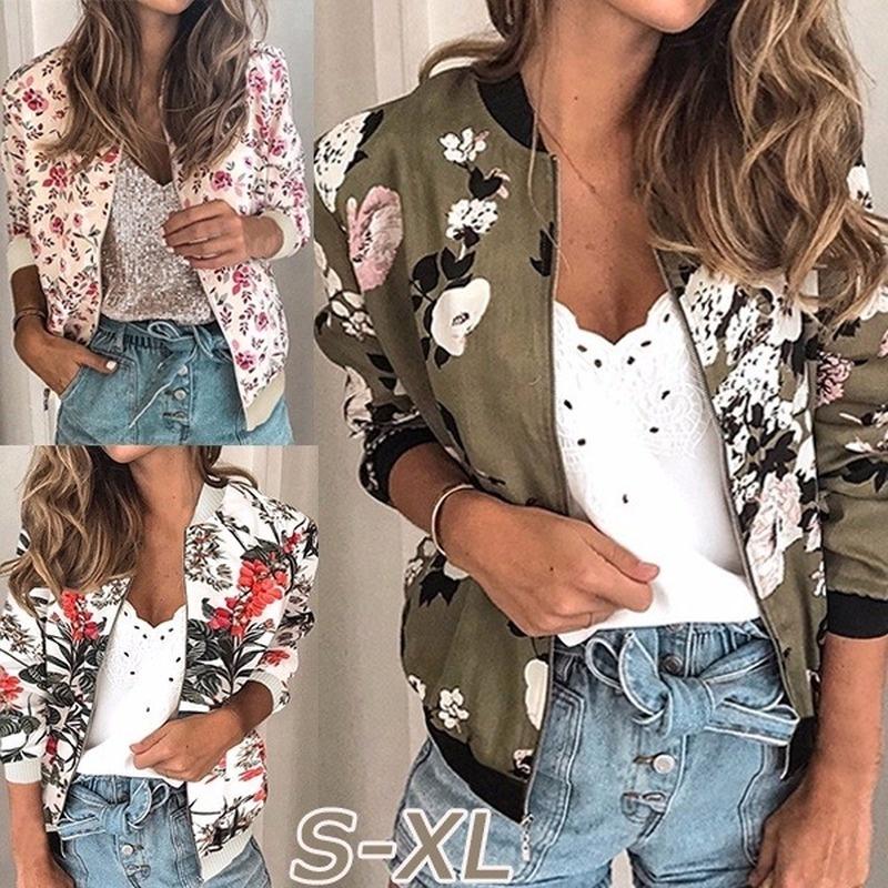 Women Casaul Autumn Floral Printed Jacket Lightweight Zipper Short Bomber Jacket Wintet Outwear Coat Plus Size S-5XL