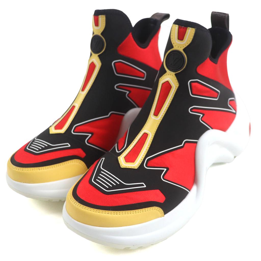 Great LOUIS VUITTON Sneakers Arclight Line Socks Red Black Yellow Nylon Mens 42 Used