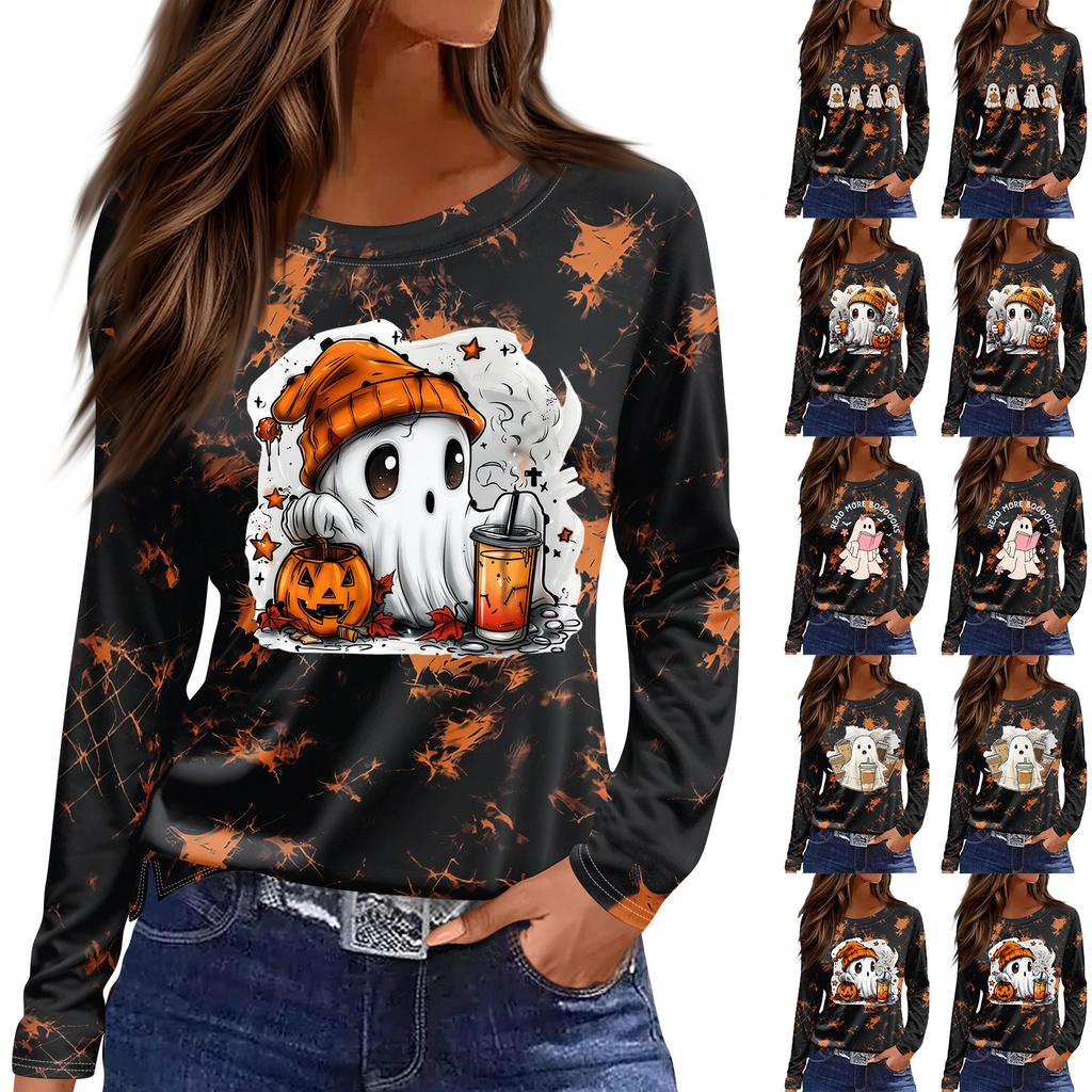 Women's Fashion Long Sleeve Tunic Top with Halloween Print and Side Slits - Round Neck Blouse for Party