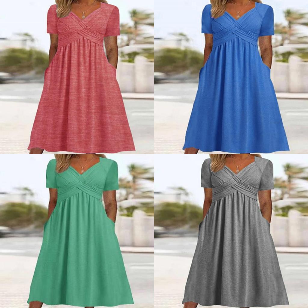 Casual Fall Solid Color V Neck Short Sleeve Dress With Pockets For Women