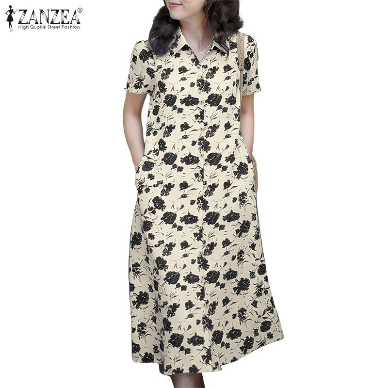 ZANZEA Women Casual Turn Down Collar Short Sleeve Floral Shirt Dress
