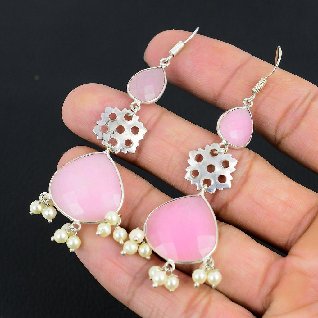 925 Silver Pear Pink Chalcedony Gemstone Daughter Dangling Hook Earrings Jewelry