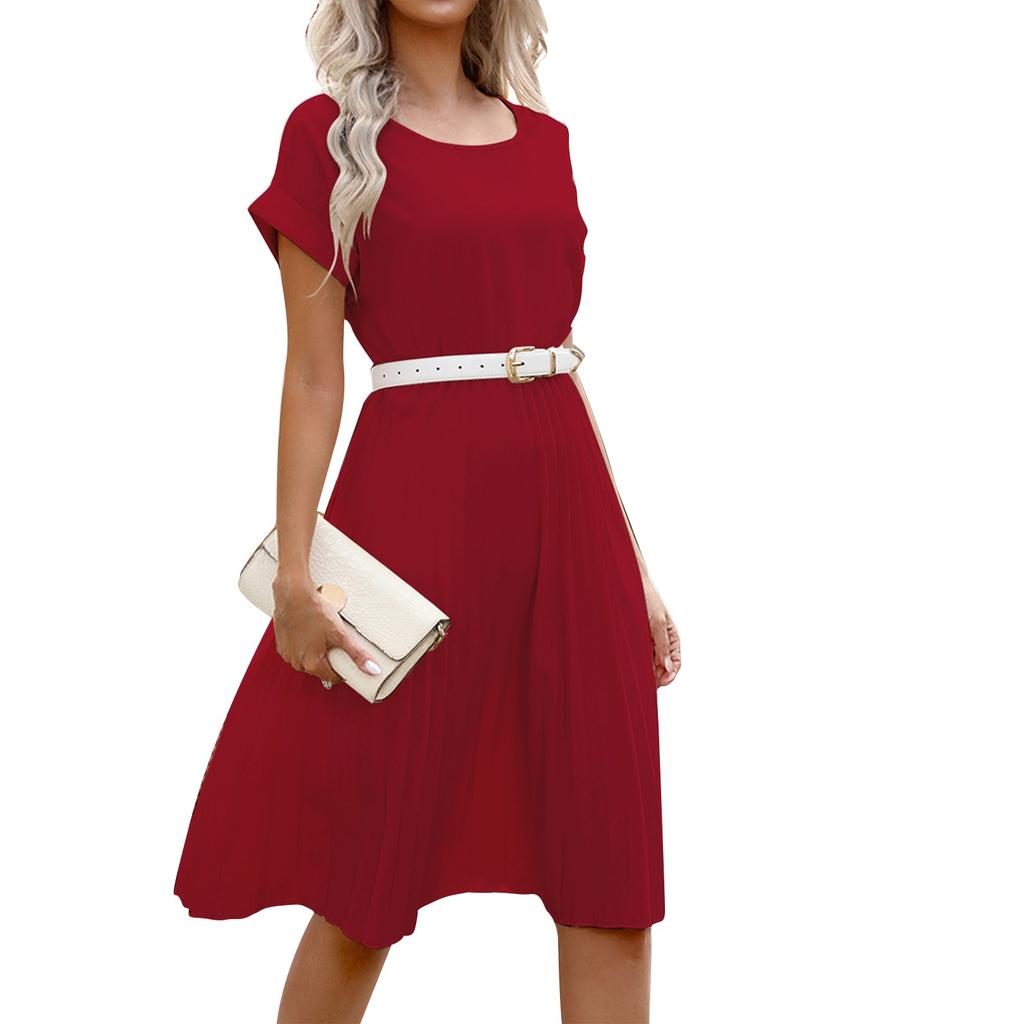 Women's Dresses Solid Color Round Neck Short Sleeve Pleated Dresses Casual Temperament Tunic Dresses