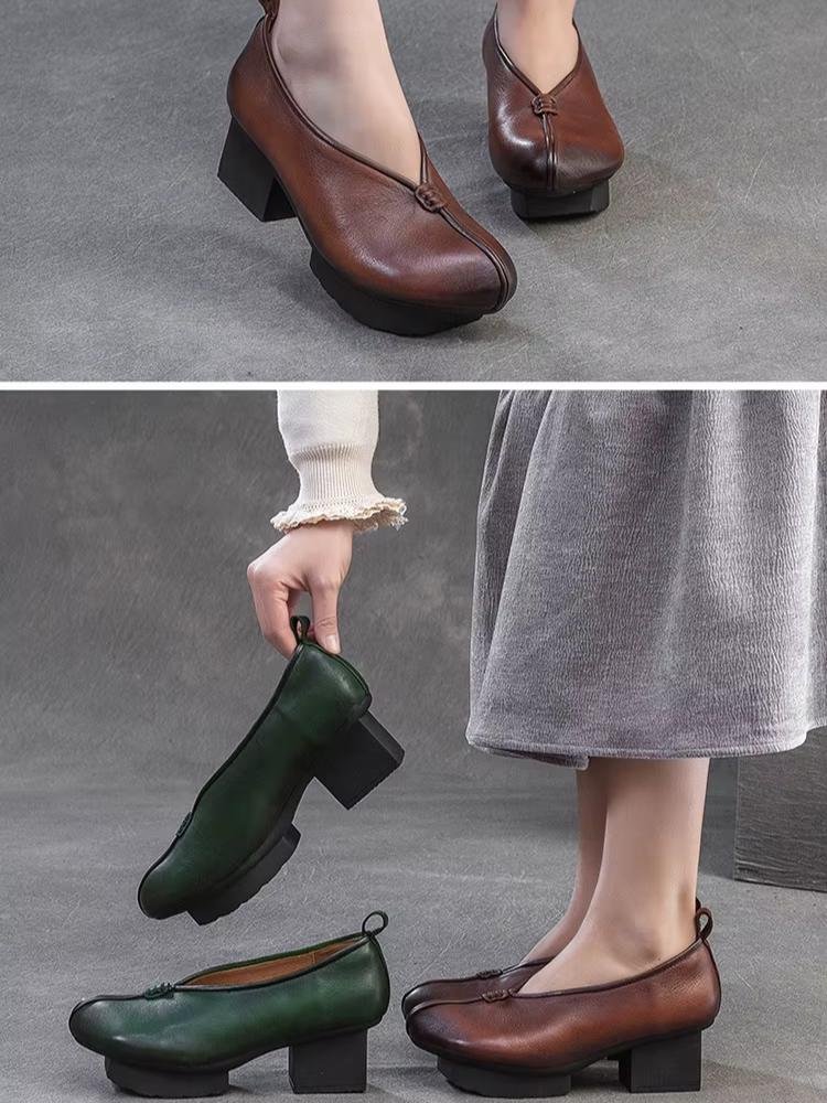 Johnature Hakiki Deri Yüksek Topuklu Retro Yuvarlak Burunlu Pompalar Çok Yönlü Kalın Topuklu Kadın Ayakkabıları