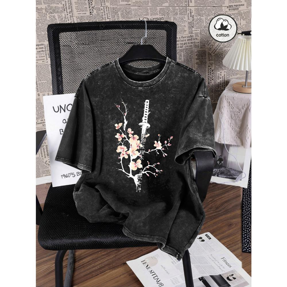 Japanese Cherry Blossom Sword Design Washed T Shirt Women Cotton Summer T-Shirt Casual Y2K Loose Short Sleeves Tops
