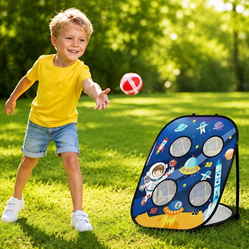 Children's Outdoor Toss Bean Bag Game Set with Space Theme Target and Hoop Board for Kids Physical Activity and Coordination Practice
