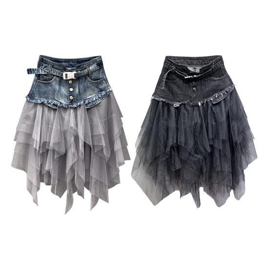 Women Skirt High Waist Denim Splicing Mesh Yarn Irregular Hem A-Line Skirt Versatile Work Leisure Daily Wear