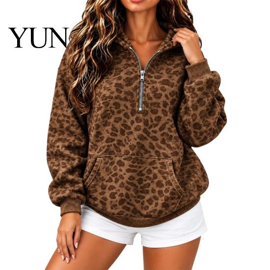 Comfortable Women Sweatshirt Leopard Print Hoodie, Oversized Half Zip Hooded with Hoodie Kangaroo Pocket, Fall Long Sleeve Casual Pullover Top