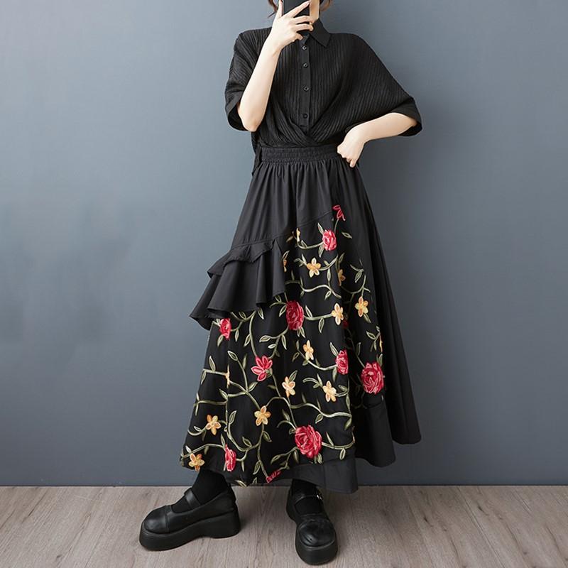 Plus Size High Waist Black Cotton Vintage Embroidery Floral Summer Casual Loose Long for Woman Skirts Womens Skirt