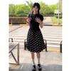 Korean-Style Black Button-Down Design Knitted Short-Sleeved T-Shirt for Women, Summer High-Waisted Slimming Polka Dot A-Line Skirt Two-Piece Set