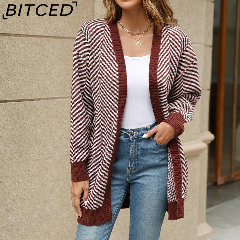 BITCED Oversized Long Cardigan Sweater for Women Autumn/Winter Lazy Style Striped Colour-Block Knit Cardigan