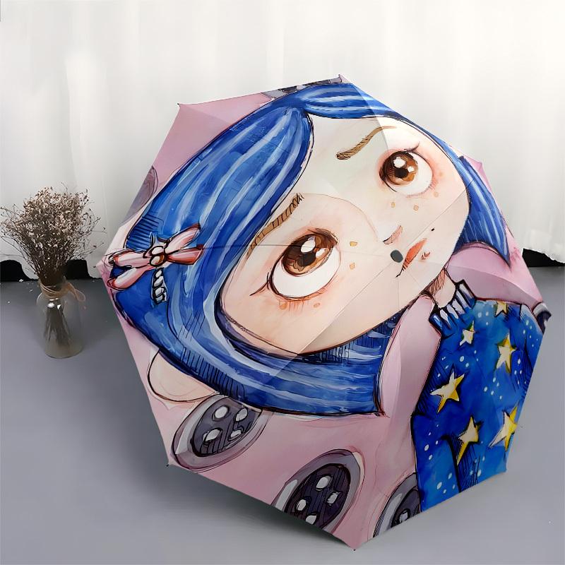 Blue haired girl, Starry dress Automatic Opening and Closing, 8 rib Structure Portable Umbrella, Suitable for Men and Women in All Seasons