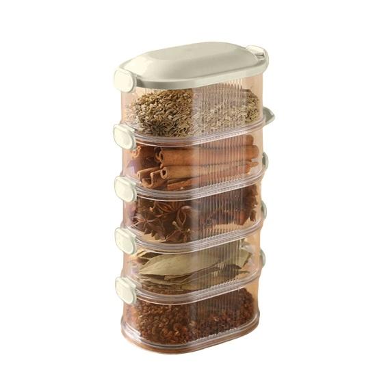 5-stufiger versiegelter Gewürzorganizer Stapelbare Gewürzaufbewahrungsboxen Luftdichter Gewürzorganizer mit transparenten unterteilten Fächern für Gewürze Kräuter Würzmittel