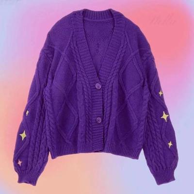 Ženy Voľné Pletené Vesty Kabát Y2K Hviezda Vyšívanie Svetre Vintage Fialová Streetwear Neformálne Jednoprsia s dlhým rukávom