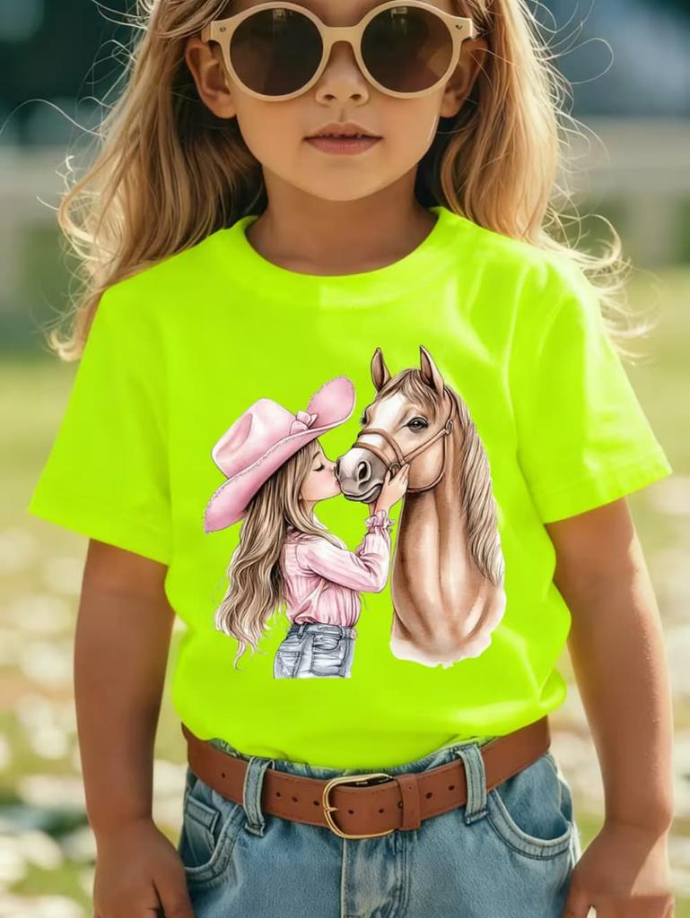 Vestiti per Bambina Ragazza Carina Baci Stampa Cavallo Estate Manica Corta Casual Larghi Top per Bambini T-Shirt per Ragazze da Esterno Abbigliamento per Bambini