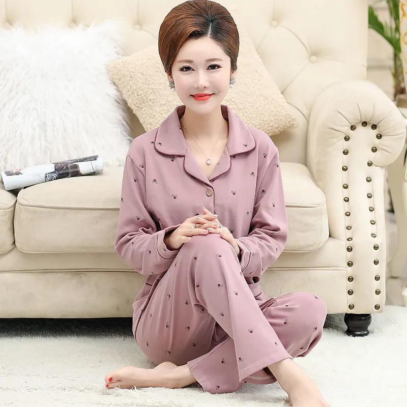 Spring and Autumn Pajamas Women's Pure Cotton Long-sleeved Women's Middle-aged Mother Cardigan Lapel Thin Loungewear Set
