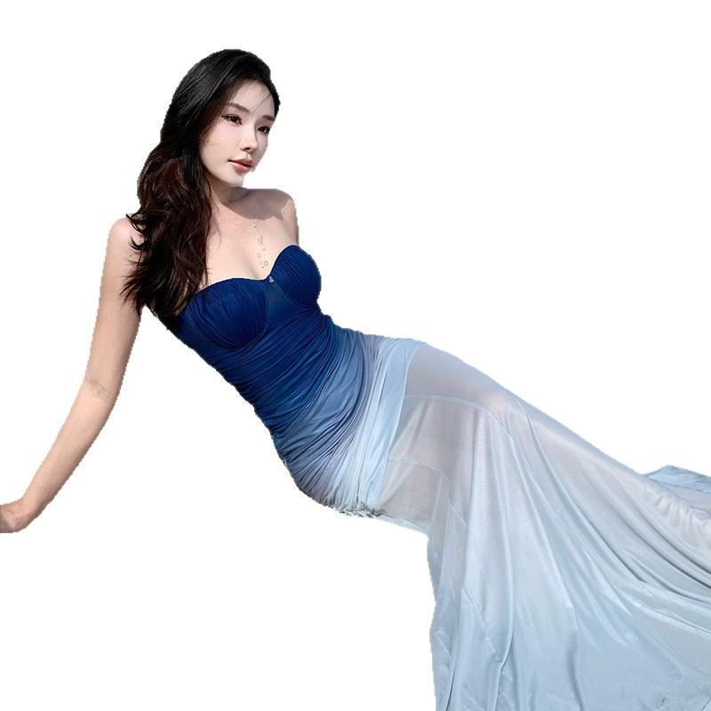 French Blue Gradual Change Tube Top Dress Long High-end Waist Hip Fishtail Skirt Seaside Vacation Style Dress