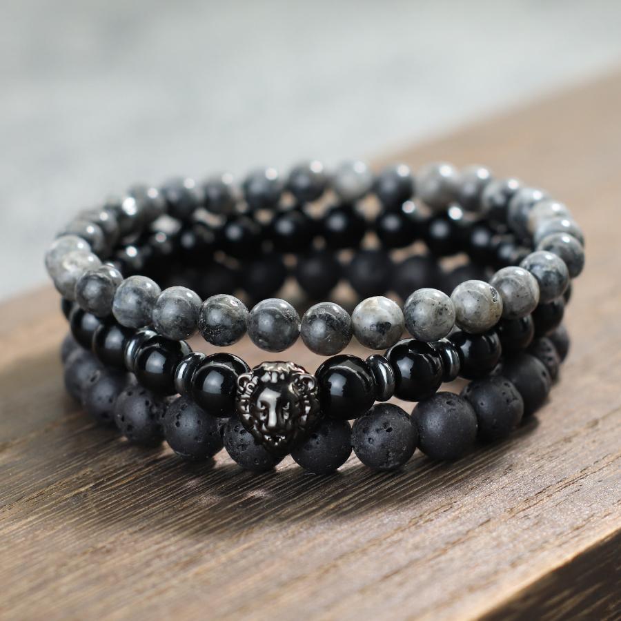 

Stylish 3Pcs Men Bracelet Set Animal Lion Braslet Natural Volcanic Rock Obsidian Stone Strand Braclet Outdoor Cycling Jewelry чёрный
