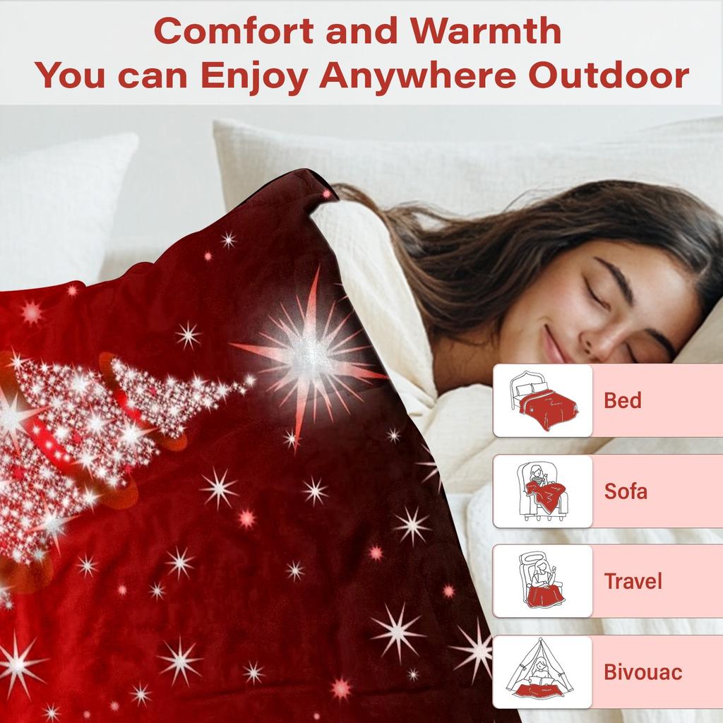 Red Shiny Christmas Tree Flannel Throw Blanket Sparkling Star Light Print Xmas Winter Sofa Blanket