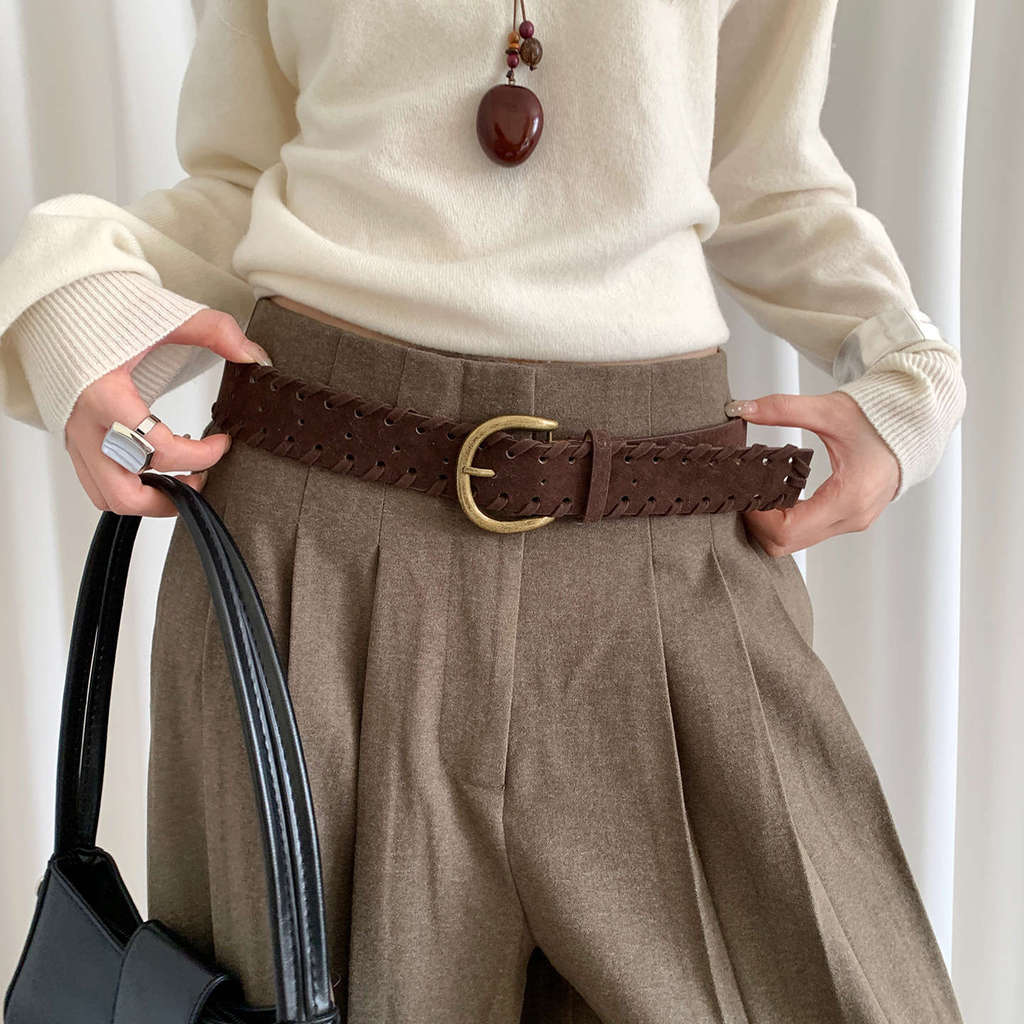 Retro Mellard Edge Suede Leather Belt For Women With Alloy Buckle Casual Style