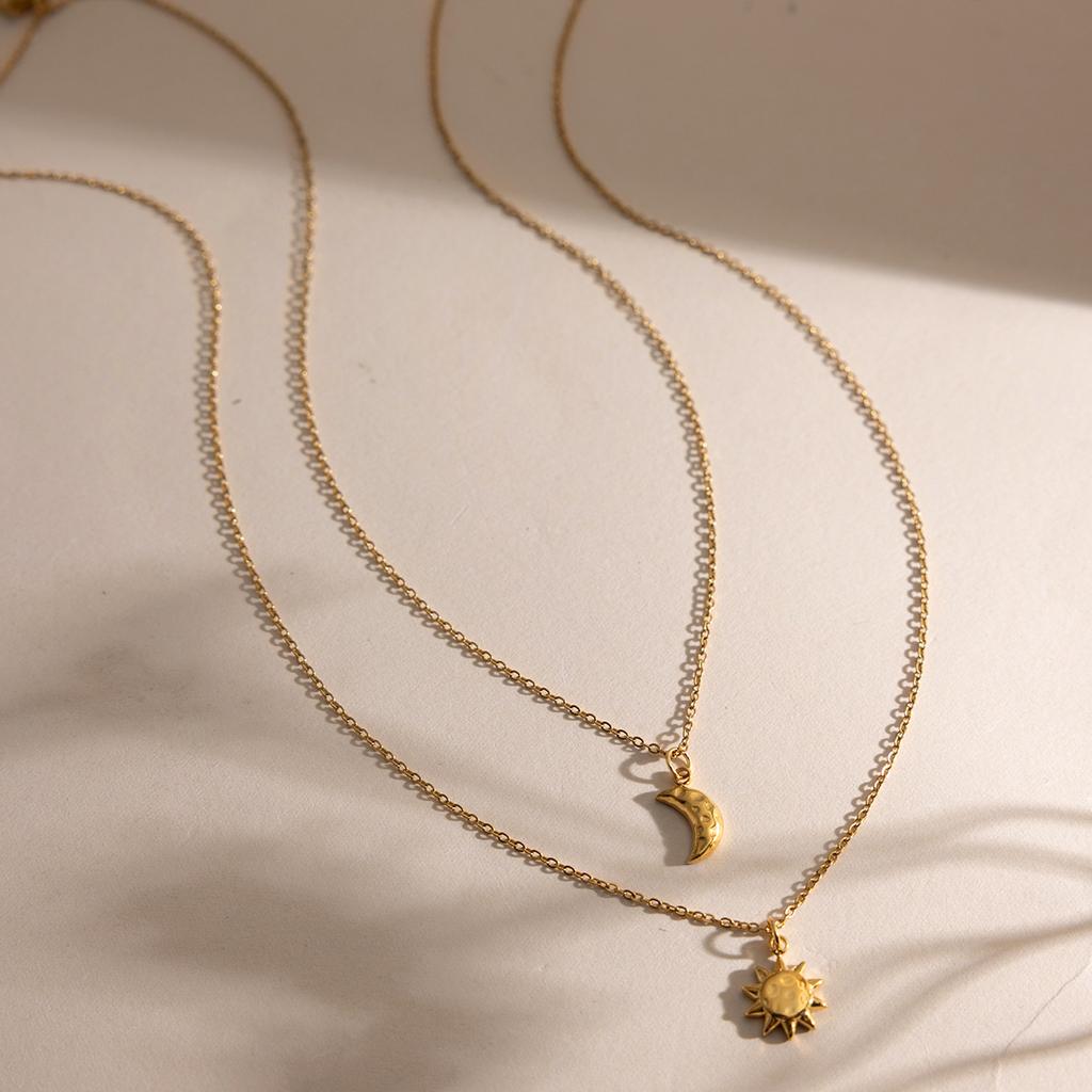 Youthway Minimalist Moon Sun Pendant Necklace For Women Multilayer 18K Gold PVD Plated Stainless Steel Necklace Fashion Jewelry
