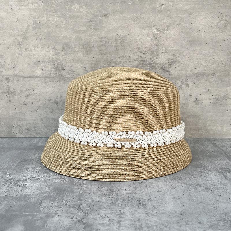 

25 Hepburn Style French Pearl Decorative Fine Straw Bucket Hat Women S Summer Sunshade Straw Hat Sweet M（56-58cm）