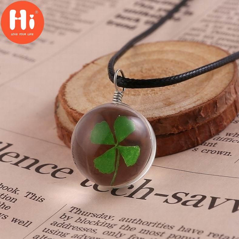 Hi Green Real Four-Leaf Clover Ball Love Lucid Kožený remienok Retiazka Okrúhly prívesok Good Lucky Necklace