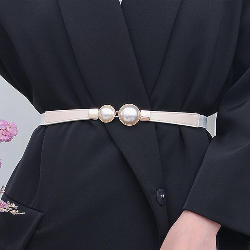 Creative Pearl Buckle Belt Pu Leather Dress Skirt Waist Elastic Thin Women Belts Ladies Waistband