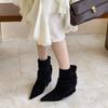 High version 2025 autumn and winter new pointed leather sole velvet large size pleated medium tube low heel short boots leather single boots women