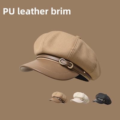 Octagonal Beret Female Spring and Autumn Newsboy Hat Retro Leather Duck Tongue Painter Hat Autumn and Winter Show Small Face