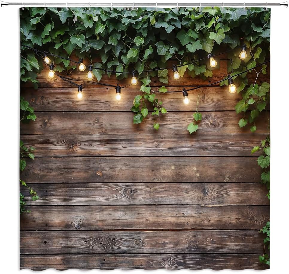 Rustic Wooden Board Shower Curtain Green Leaves Leaf Vine Farmhouse Vintage Wood Grunge Planks Barn Door Country L;IFE Bathroom