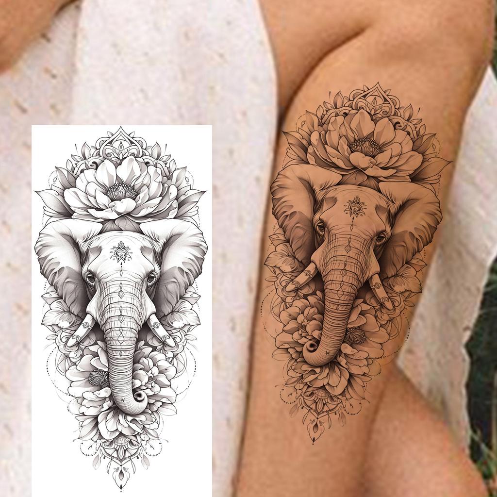 1 Sheet Sketch Flower Animals Temporary Tattoos For Women Long Lasting Waterproof Elephant Turtle Fake Tattoo Body Art Stickers