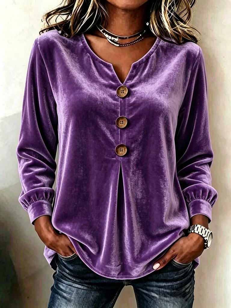 Blouse Boutonnée à Col en V en Velours pour Femme Haut Décontracté à Manches Longues Hauts Élégants en Satin