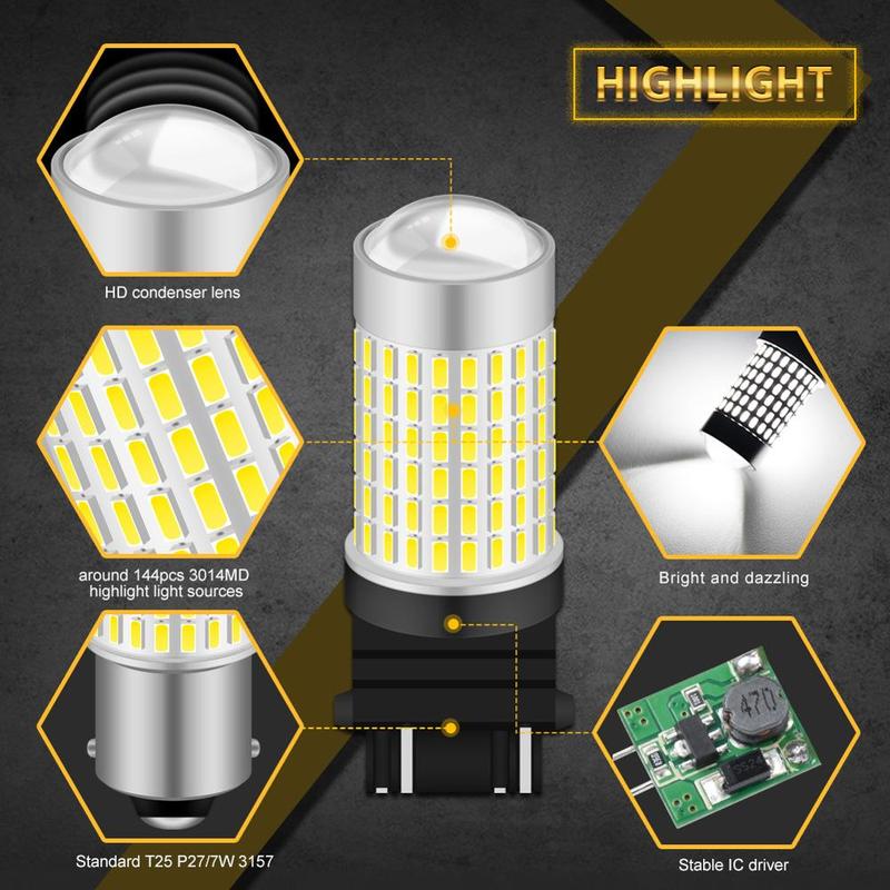 2pcs 1500 Lumens Xenon White 144-SMD 3157 3357 3457 4114 3156 T25 LED Bulbs For 2011-up Jeep Compass DRL Daytime Running Lights