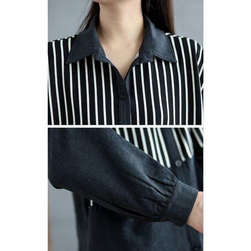 DIMANAF 2025 Übergröße Bluse Langarmhemd Neu Lässig Gestreift Oberteile T-Shirts Vintage Damen Lockeres Hemd Basic Oversize