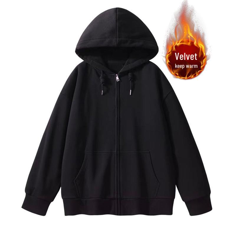 Felpa con cappuccio e zip foderata in pile da donna - Stile coreano pigro, Cardigan spesso per la primavera e l'autunno 2024.