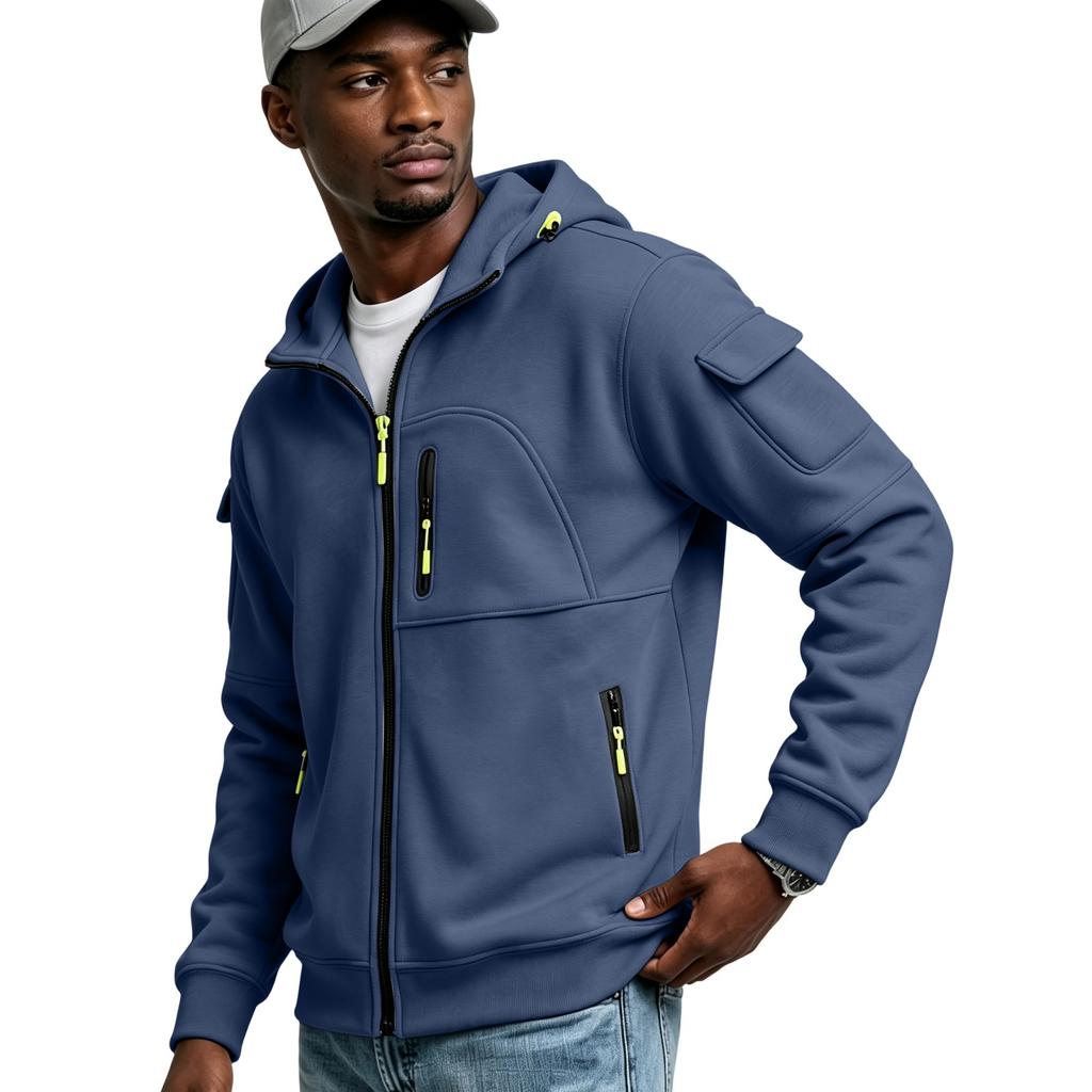 Men's Multi-Pocket Zip-Up Hoodie Casual Jacket for Outdoor Sports