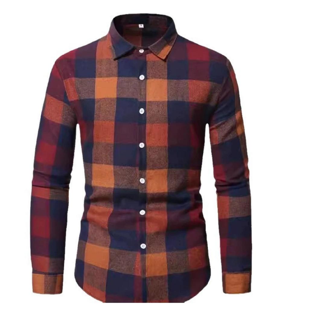 Men's Casual And Trendy Digital Printed Checkered Long,sleeved Lapel Button,down Shirt