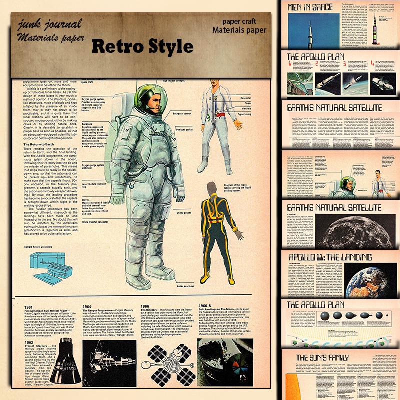 Retro Planet Newspaper-Pattern Material Paper Stickers, 8 Sheets - Journal Collage Decoration