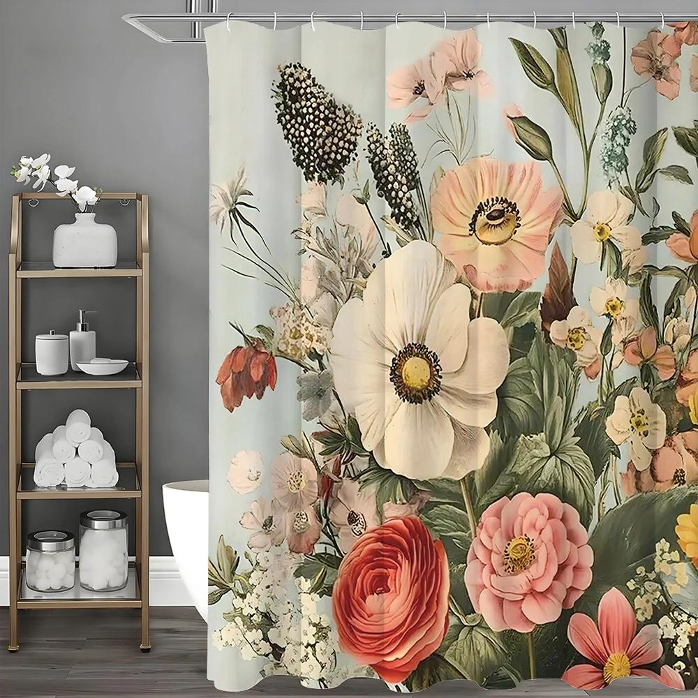 Floral Shower Curtain, Bathroom Decorative Shower Curtain, Waterproof Shower Curtain with Hooks