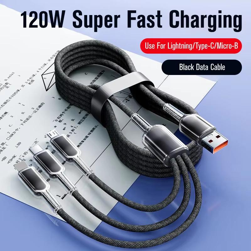 3 In 1 USB Fast Charging Cable 120w Type C Micro IOS Multi Charger Cable for Smart Phone 1.2m