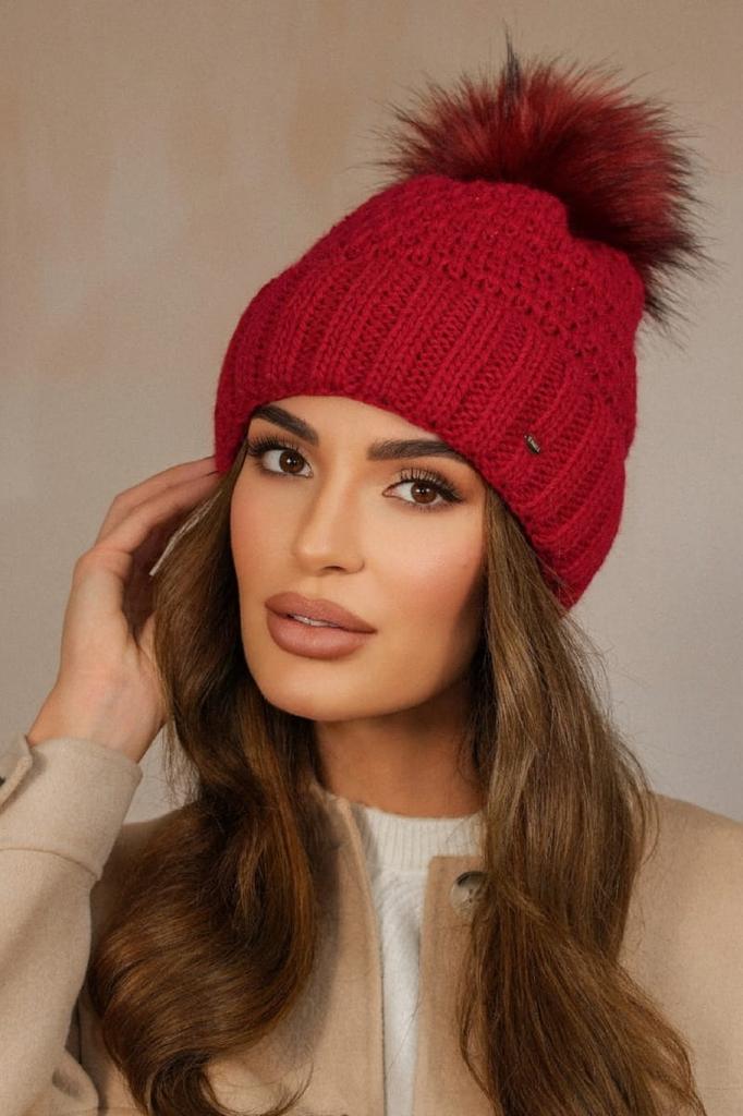 Women' Winter Hat Red Kamea-Furja With Eco Pompom