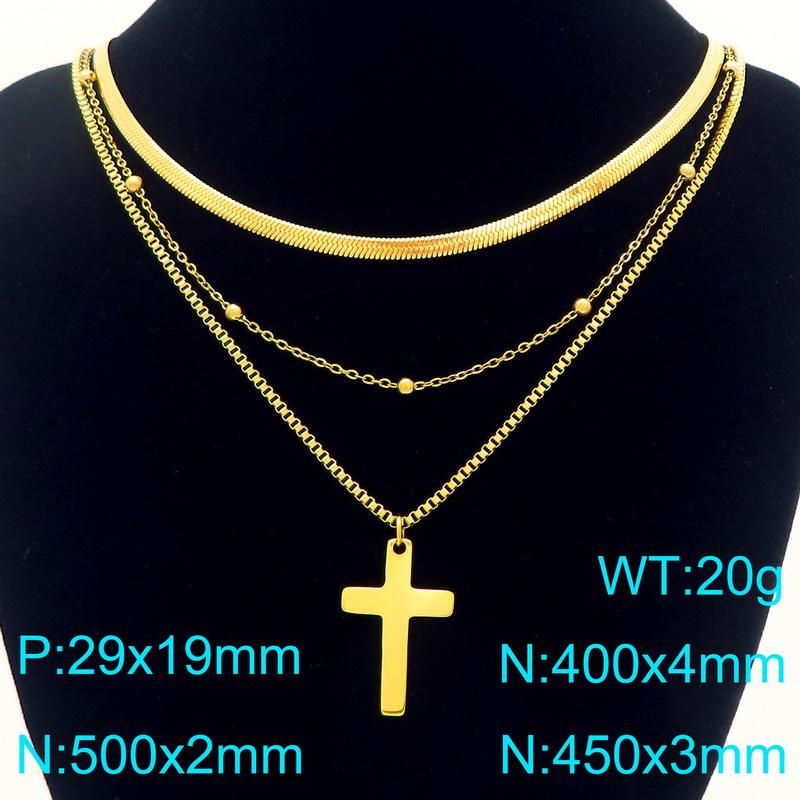 Gold Color Layered Bar Pendant Necklaces Men‘s Multi-Chain Beaded Sleek Religious Cross Pendant Jewelry Stylish Metal Accessory