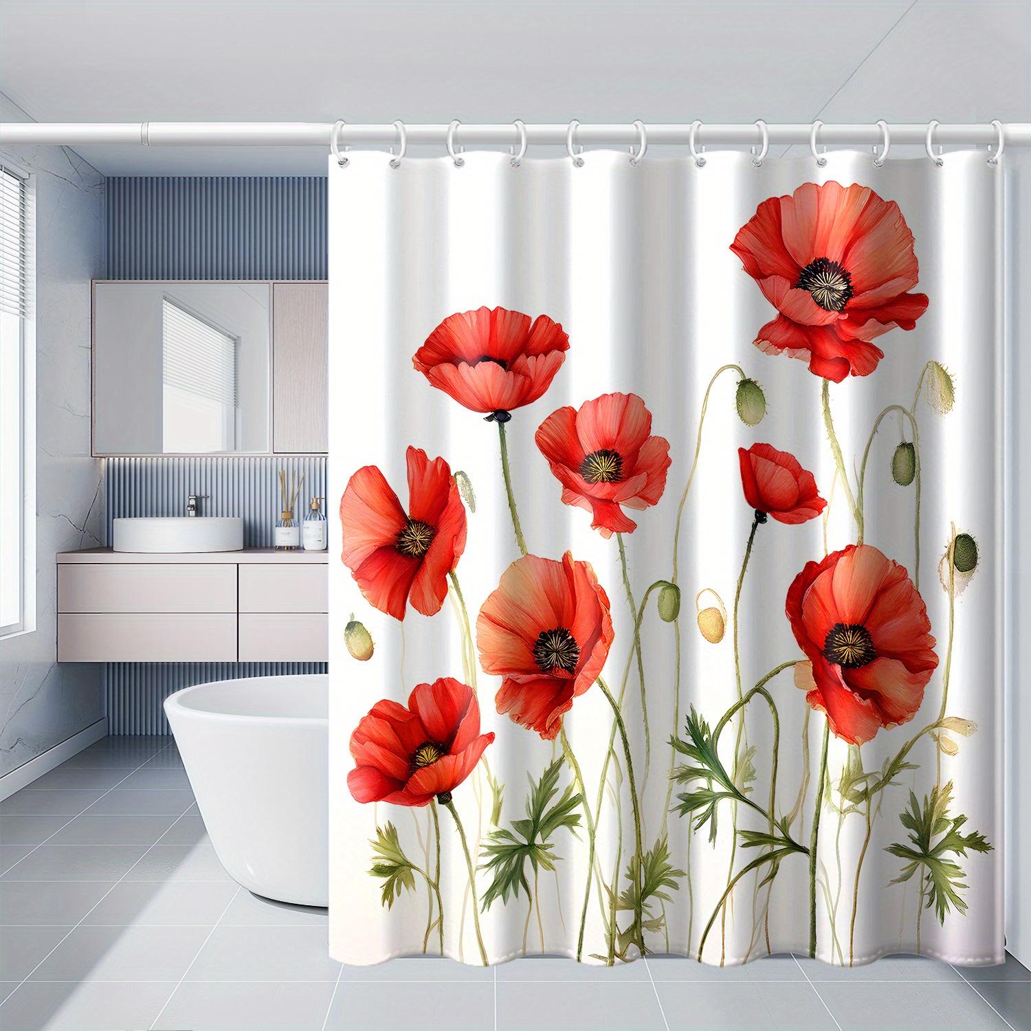 

1 Bright Orange Poppy Print Shower Curtain With Hooks, Polyester Fabric, Machine Washable, Suitable For Bathroom W60H190(CM)-1 Pcs