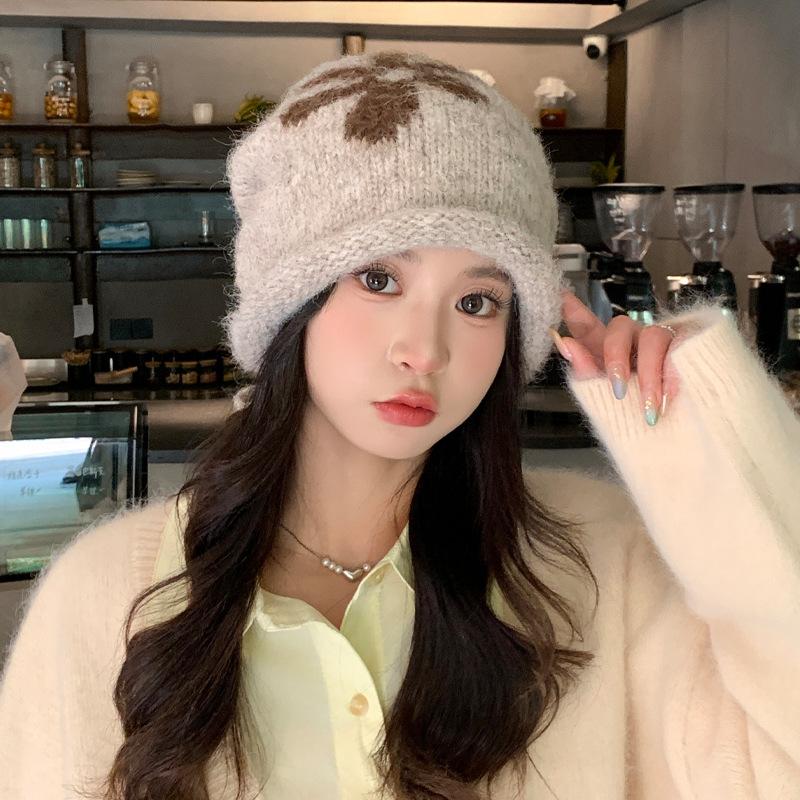 Korean Cute Flower Knitted Wool Hat for Women In Autumn and Winter Versatile Windproof and Warm Pile Hat Big Head Cold Hat