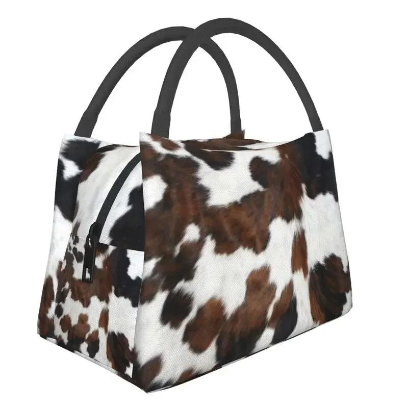 Cowhide Leather 3D Printing Resuable Lunch Box Women Waterproof Animal Fur Texture Thermal Cooler Food Insulated Lunch Bag