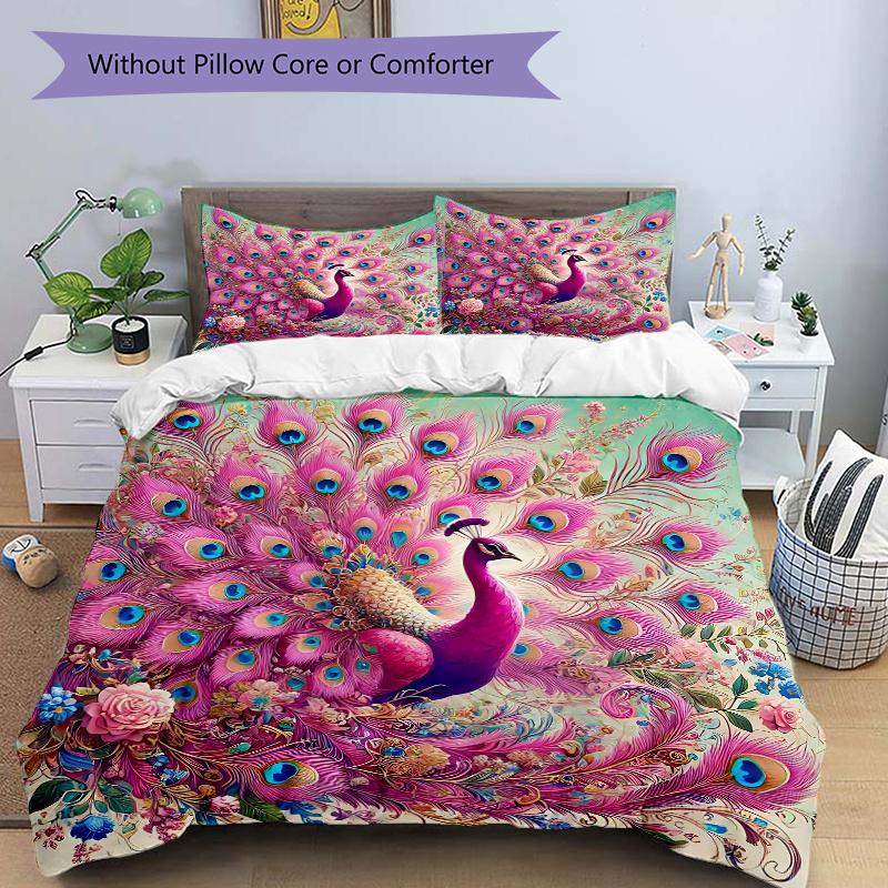 

Набор из 3 предметов с принтом Розовый павлин с раскрытым хвостом - Мягкое и удобное покрывало для спальни, гостевой комнаты и общежития Декоративное постельное белье 135x200cm