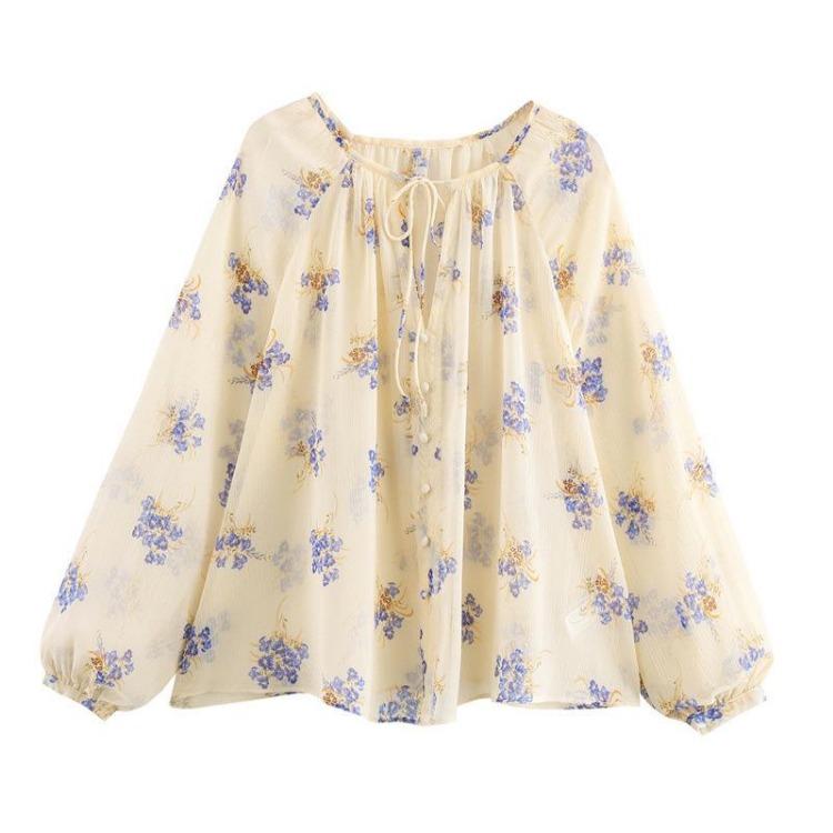 Women Elegant Floral Print Semi Transparent Shirt Spring Summer Style